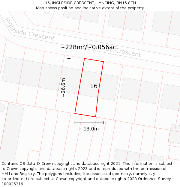 16, INGLESIDE CRESCENT, LANCING, BN15 8EN: Plot and title map