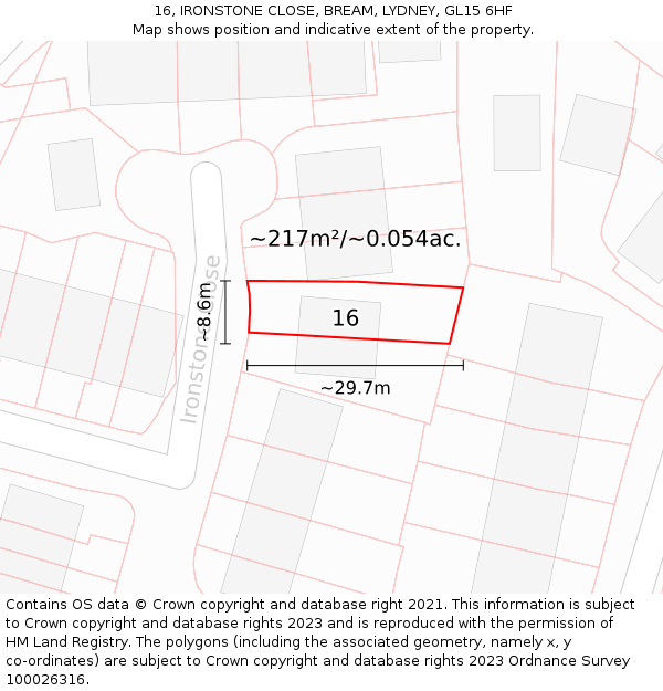 16, IRONSTONE CLOSE, BREAM, LYDNEY, GL15 6HF: Plot and title map