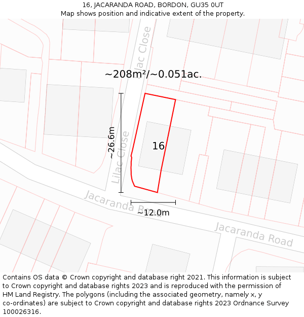 16, JACARANDA ROAD, BORDON, GU35 0UT: Plot and title map