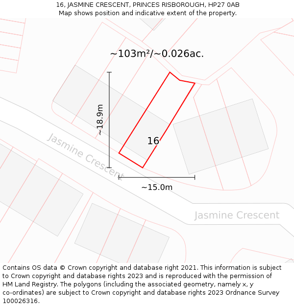 16, JASMINE CRESCENT, PRINCES RISBOROUGH, HP27 0AB: Plot and title map