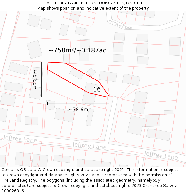 16, JEFFREY LANE, BELTON, DONCASTER, DN9 1LT: Plot and title map