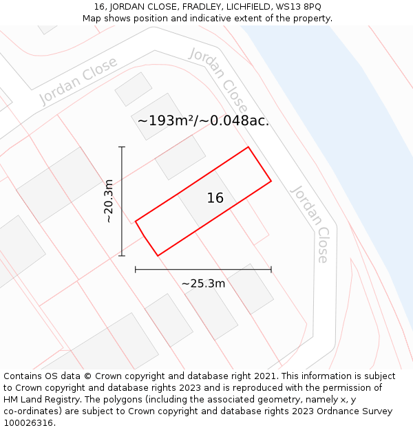 16, JORDAN CLOSE, FRADLEY, LICHFIELD, WS13 8PQ: Plot and title map