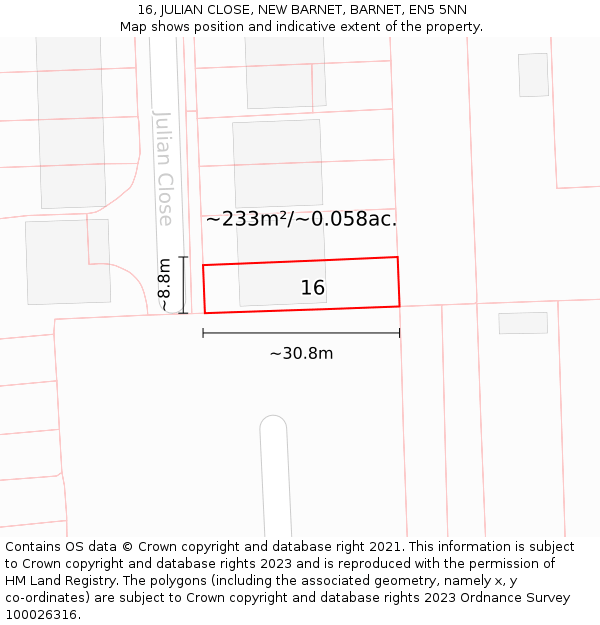 16, JULIAN CLOSE, NEW BARNET, BARNET, EN5 5NN: Plot and title map