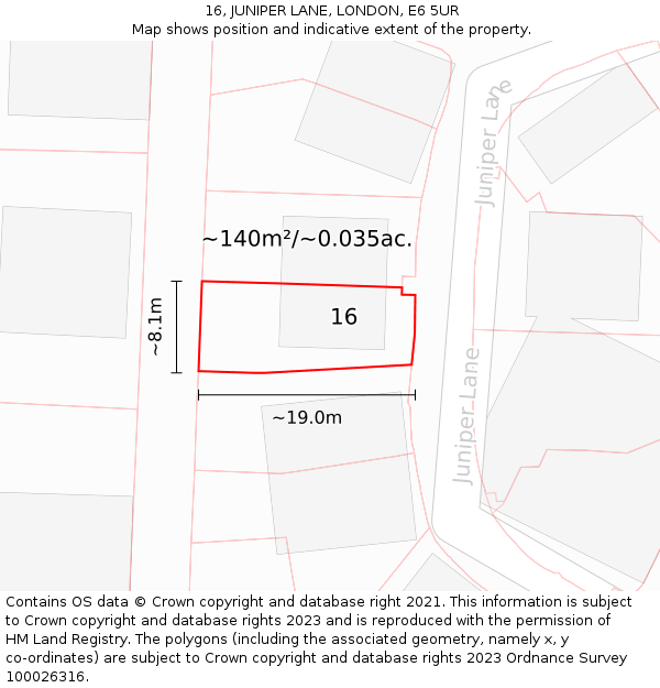 16, JUNIPER LANE, LONDON, E6 5UR: Plot and title map