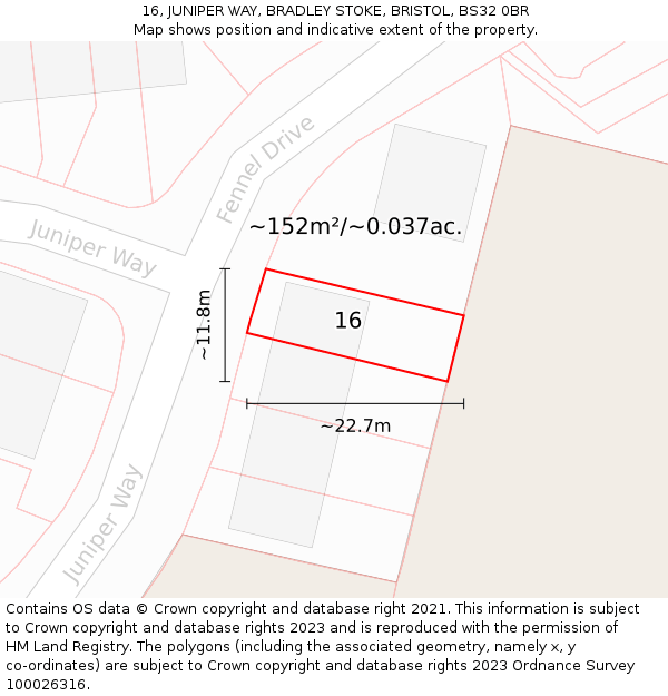 16, JUNIPER WAY, BRADLEY STOKE, BRISTOL, BS32 0BR: Plot and title map