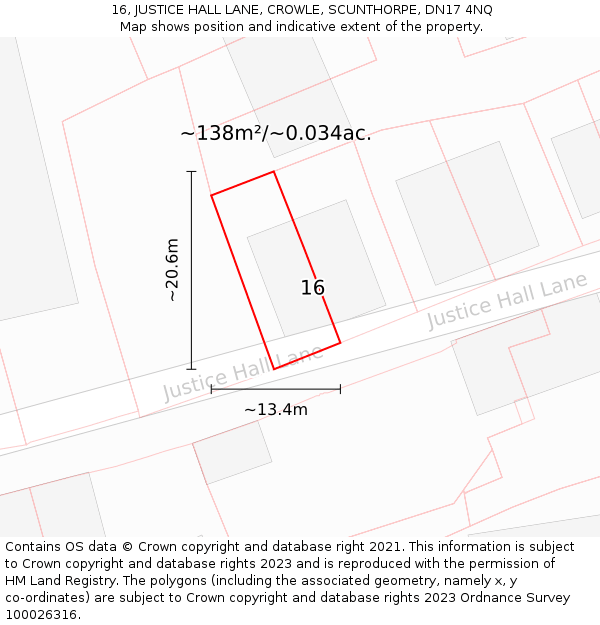 16, JUSTICE HALL LANE, CROWLE, SCUNTHORPE, DN17 4NQ: Plot and title map