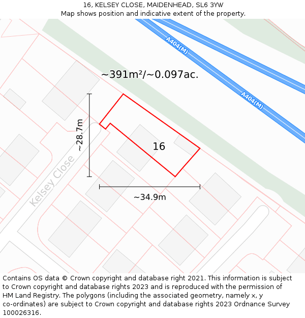 16, KELSEY CLOSE, MAIDENHEAD, SL6 3YW: Plot and title map