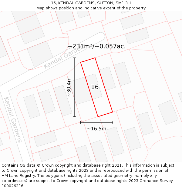 16, KENDAL GARDENS, SUTTON, SM1 3LL: Plot and title map