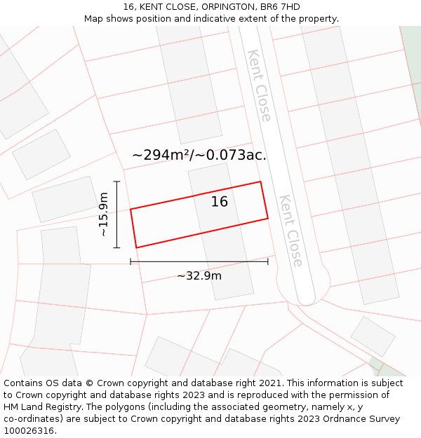 16, KENT CLOSE, ORPINGTON, BR6 7HD: Plot and title map