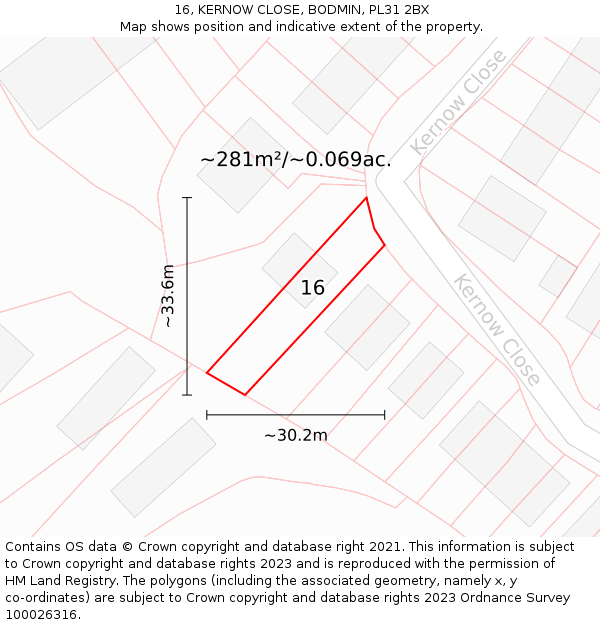 16, KERNOW CLOSE, BODMIN, PL31 2BX: Plot and title map
