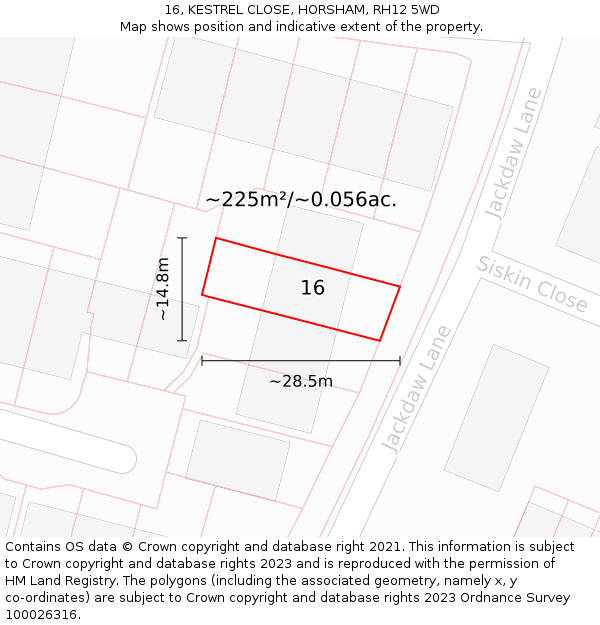 16, KESTREL CLOSE, HORSHAM, RH12 5WD: Plot and title map