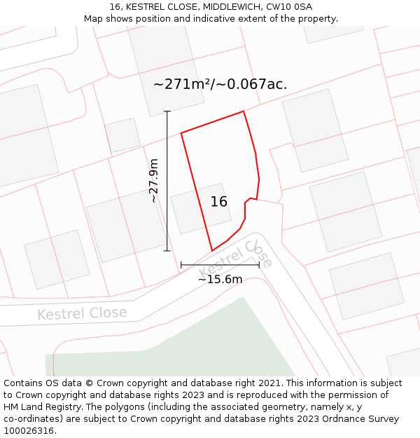 16, KESTREL CLOSE, MIDDLEWICH, CW10 0SA: Plot and title map
