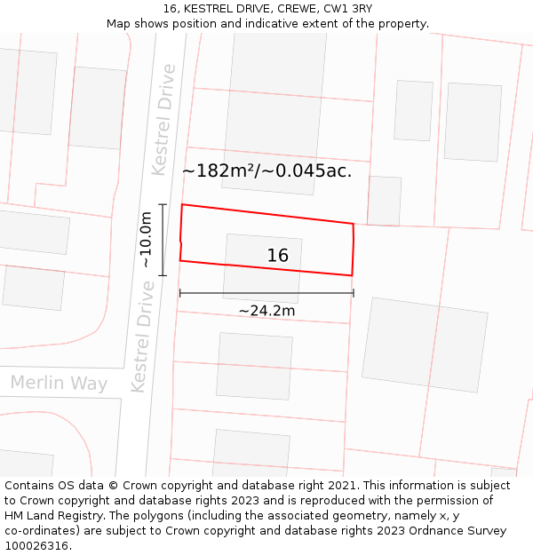 16, KESTREL DRIVE, CREWE, CW1 3RY: Plot and title map