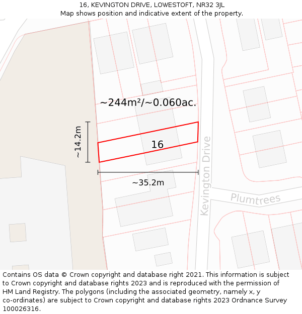 16, KEVINGTON DRIVE, LOWESTOFT, NR32 3JL: Plot and title map