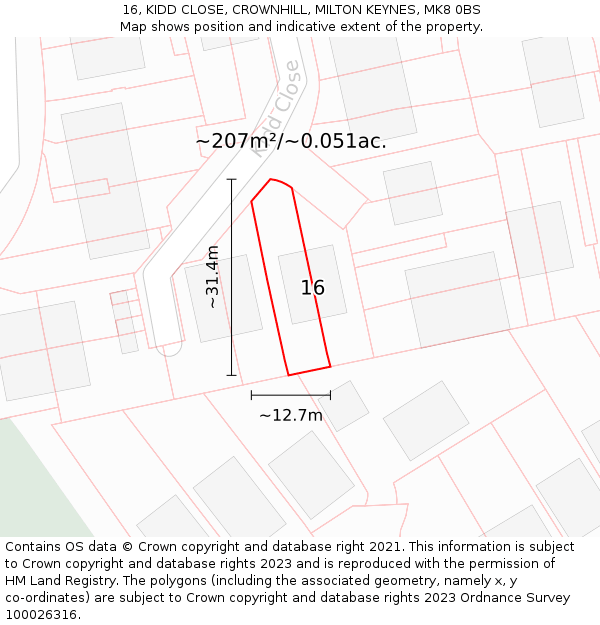 16, KIDD CLOSE, CROWNHILL, MILTON KEYNES, MK8 0BS: Plot and title map