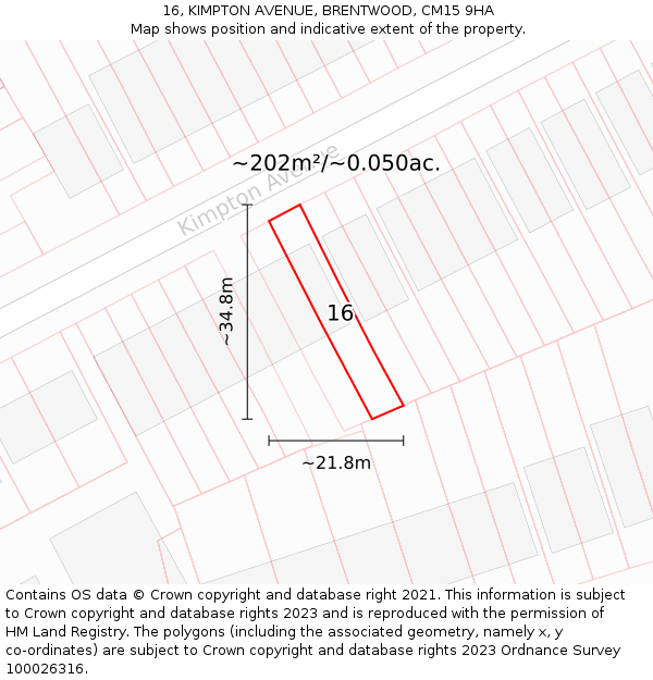 16, KIMPTON AVENUE, BRENTWOOD, CM15 9HA: Plot and title map