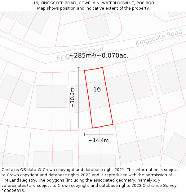 16, KINGSCOTE ROAD, COWPLAIN, WATERLOOVILLE, PO8 8QB: Plot and title map