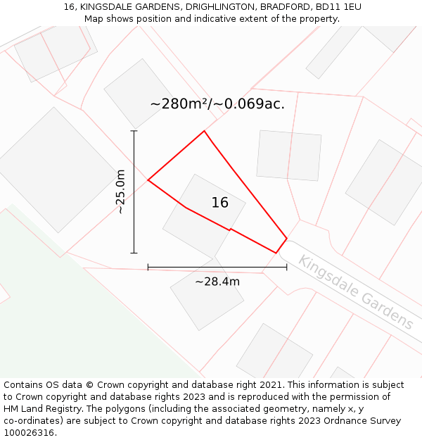 16, KINGSDALE GARDENS, DRIGHLINGTON, BRADFORD, BD11 1EU: Plot and title map