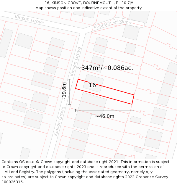 16, KINSON GROVE, BOURNEMOUTH, BH10 7JA: Plot and title map