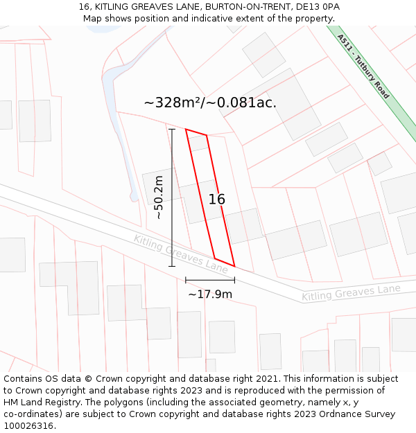 16, KITLING GREAVES LANE, BURTON-ON-TRENT, DE13 0PA: Plot and title map