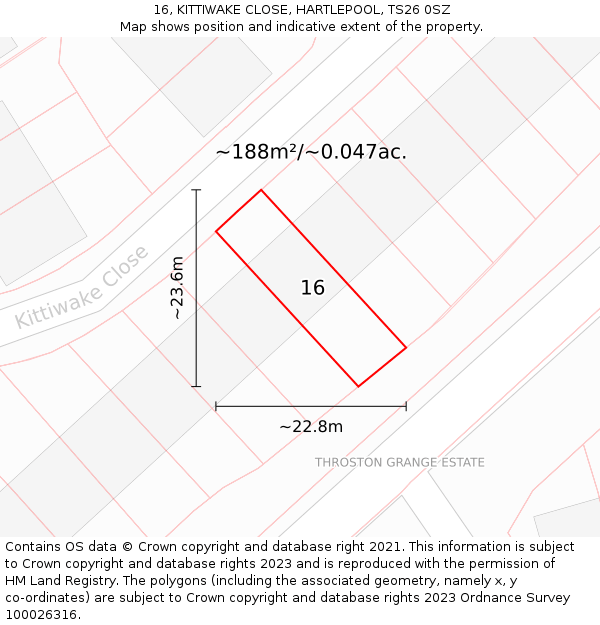 16, KITTIWAKE CLOSE, HARTLEPOOL, TS26 0SZ: Plot and title map