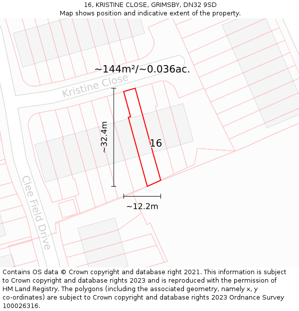 16, KRISTINE CLOSE, GRIMSBY, DN32 9SD: Plot and title map