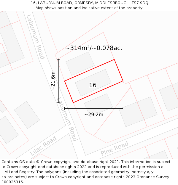 16, LABURNUM ROAD, ORMESBY, MIDDLESBROUGH, TS7 9DQ: Plot and title map