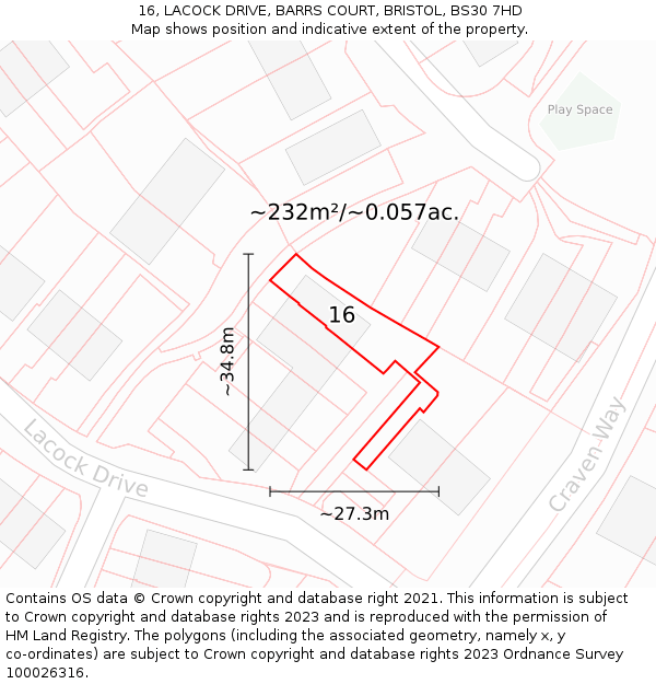 16, LACOCK DRIVE, BARRS COURT, BRISTOL, BS30 7HD: Plot and title map