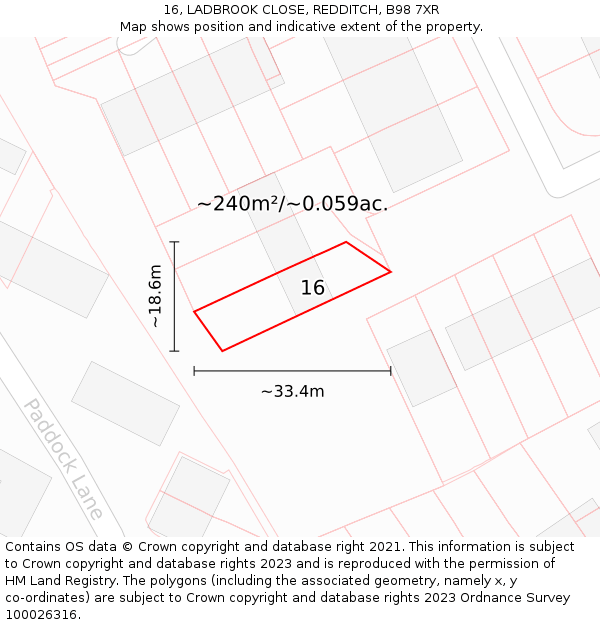 16, LADBROOK CLOSE, REDDITCH, B98 7XR: Plot and title map