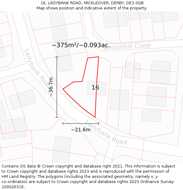 16, LADYBANK ROAD, MICKLEOVER, DERBY, DE3 0QB: Plot and title map