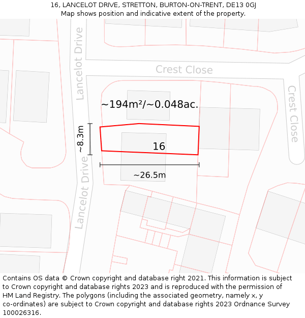 16, LANCELOT DRIVE, STRETTON, BURTON-ON-TRENT, DE13 0GJ: Plot and title map