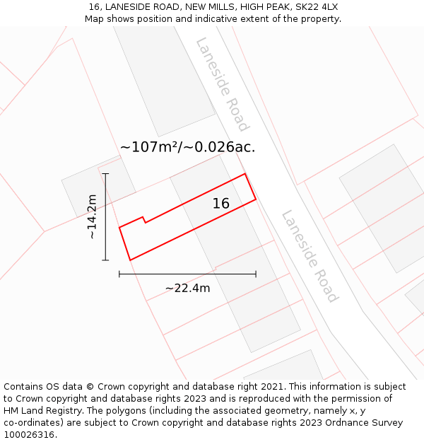 16, LANESIDE ROAD, NEW MILLS, HIGH PEAK, SK22 4LX: Plot and title map