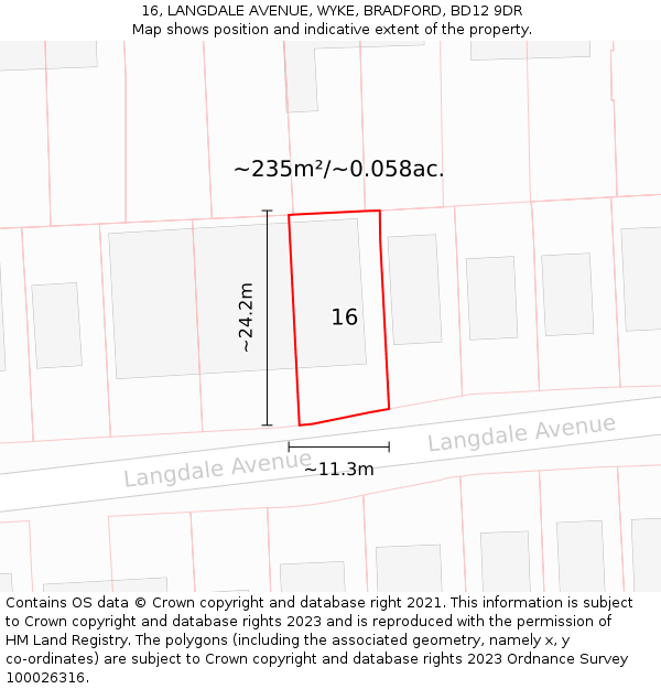 16, LANGDALE AVENUE, WYKE, BRADFORD, BD12 9DR: Plot and title map