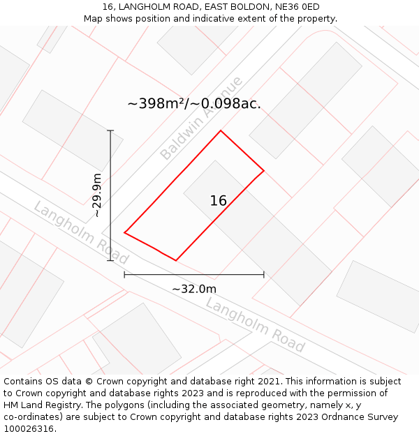 16, LANGHOLM ROAD, EAST BOLDON, NE36 0ED: Plot and title map