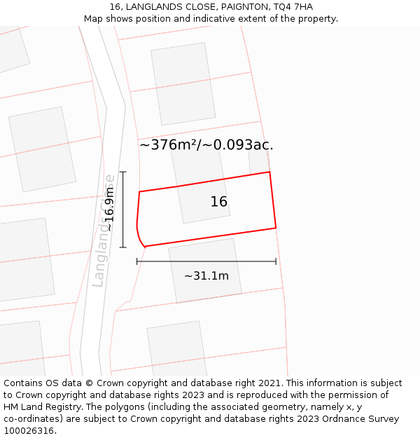 16, LANGLANDS CLOSE, PAIGNTON, TQ4 7HA: Plot and title map