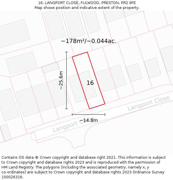 16, LANGPORT CLOSE, FULWOOD, PRESTON, PR2 9FE: Plot and title map