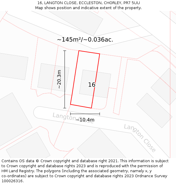 16, LANGTON CLOSE, ECCLESTON, CHORLEY, PR7 5UU: Plot and title map