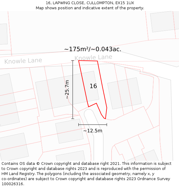 16, LAPWING CLOSE, CULLOMPTON, EX15 1UX: Plot and title map