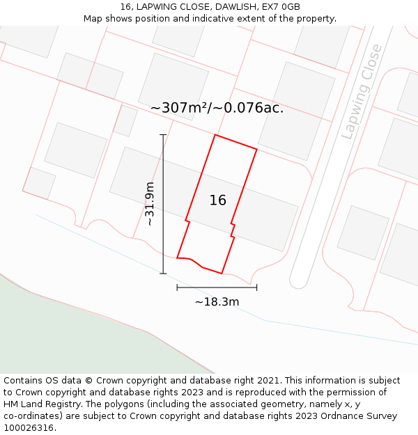 16, LAPWING CLOSE, DAWLISH, EX7 0GB: Plot and title map