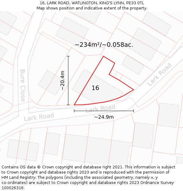 16, LARK ROAD, WATLINGTON, KING'S LYNN, PE33 0TL: Plot and title map