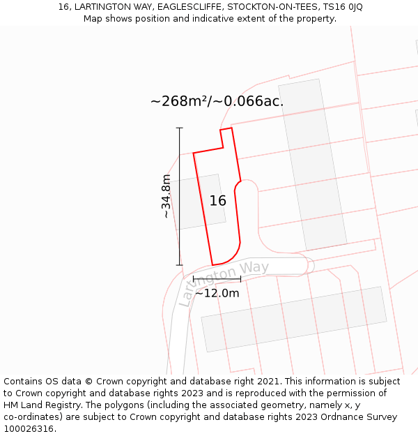 16, LARTINGTON WAY, EAGLESCLIFFE, STOCKTON-ON-TEES, TS16 0JQ: Plot and title map