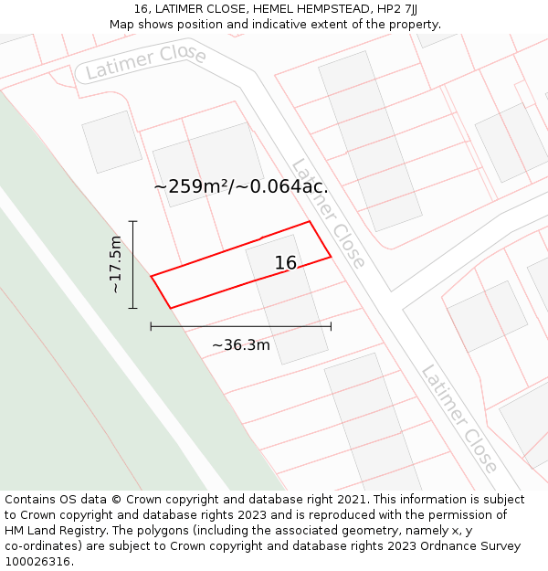 16, LATIMER CLOSE, HEMEL HEMPSTEAD, HP2 7JJ: Plot and title map
