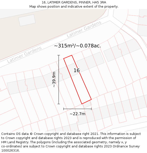 16, LATIMER GARDENS, PINNER, HA5 3RA: Plot and title map