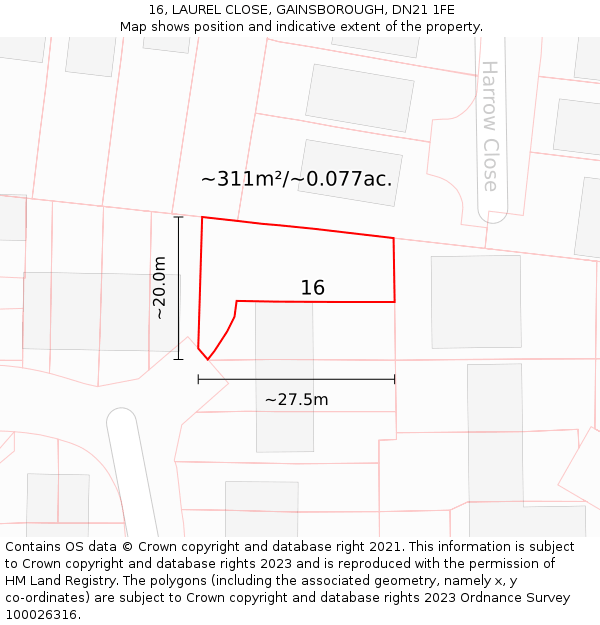 16, LAUREL CLOSE, GAINSBOROUGH, DN21 1FE: Plot and title map