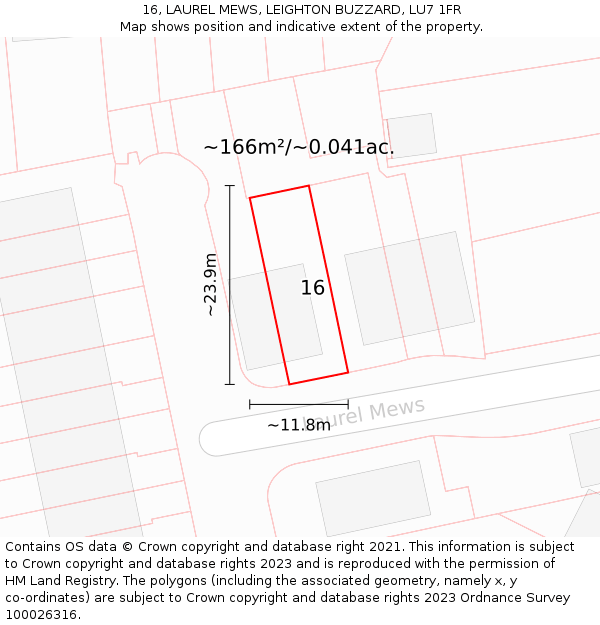 16, LAUREL MEWS, LEIGHTON BUZZARD, LU7 1FR: Plot and title map