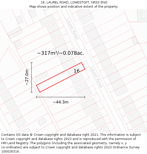 16, LAUREL ROAD, LOWESTOFT, NR33 0NG: Plot and title map