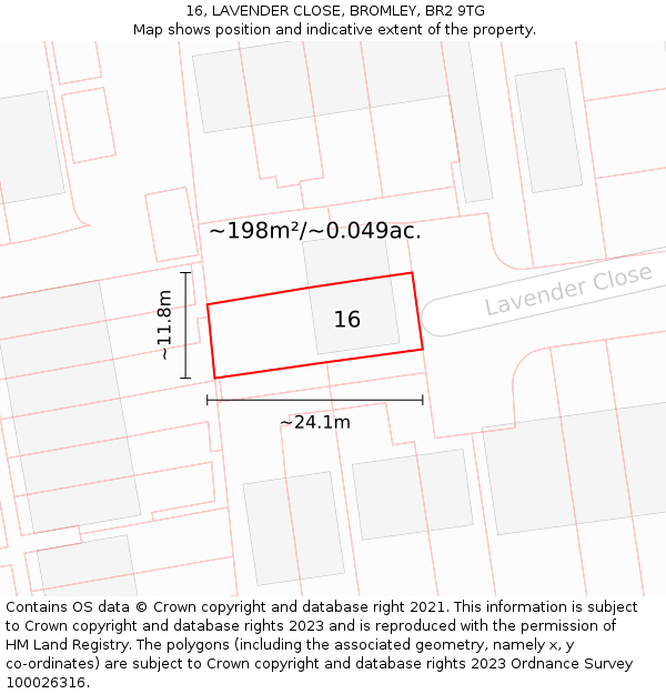 16, LAVENDER CLOSE, BROMLEY, BR2 9TG: Plot and title map