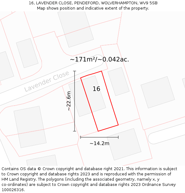 16, LAVENDER CLOSE, PENDEFORD, WOLVERHAMPTON, WV9 5SB: Plot and title map
