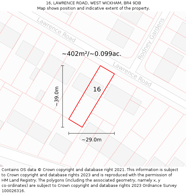 16, LAWRENCE ROAD, WEST WICKHAM, BR4 9DB: Plot and title map