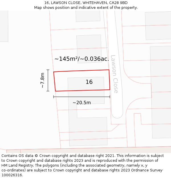 16, LAWSON CLOSE, WHITEHAVEN, CA28 9BD: Plot and title map